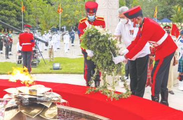 President Gotabaya Rajapaksa lays a floral wreath at the National War Heroes Monument on Wednesday