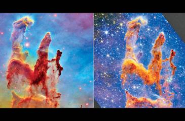 Left: A picture of a nebula (pillars of creation) captured by the Hubble Space Telescope in 2014. Right: A picture of the same nebula taken by the James Webb Space Telescope that NASA released on October 19, 2022