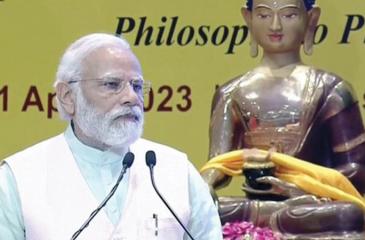 Indian Prime Minister Narendra Modi addressing the first Global Buddhist Summit in New Delhi recently