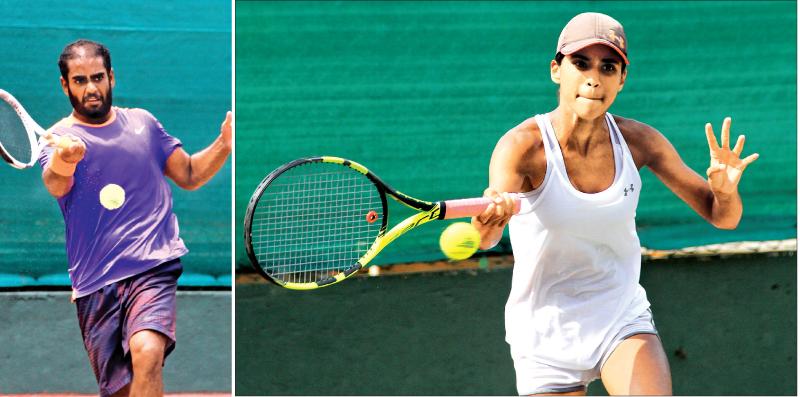  Sharmal Dissanayake and Anika Seneviratne in action on their way to winning the men’s and women’s Singles at the National tennis championships at the SLTA courts in Colombo yesterday.  Pix: Sulochana Gamage   