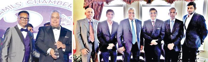 (Left) Ajith Sabaratnam, President of the Canadian Tamils' Chamber of Commerce presents a memento to Altair Director Pradeep Moraes at the 25th anniversary celebrations of the Chamber in Toronto, and (Right) a meeting with the Sri Lankan High Commissioner in Canada (from left) Asoka Godawila, Deputy Consul General, Jay Dias, Head of Sales & Marketing at Altair, Pradeep Moraes, High Commissioner Ahmed Jawad, U. L. M. Jauhar, Consul General and Mahesh Abeywardena, Editor of the Reporter newspaper.