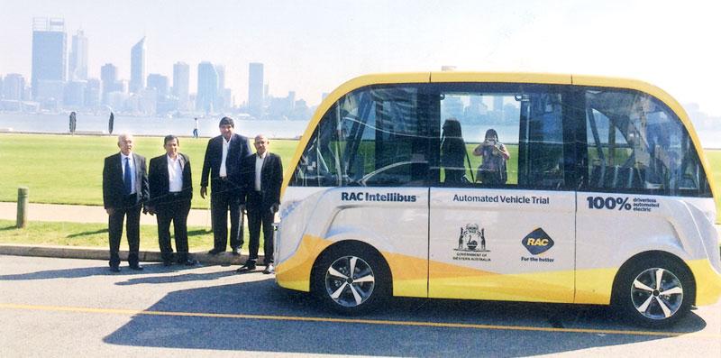 AAC officials near the driverless shuttle before the ride. From left: Engineer C.L. Liyanasuriya, Secretary, Devapriya Hettiarachchi, President Dhammika Attygalle, ExCo Member P.B. Kulatunga.