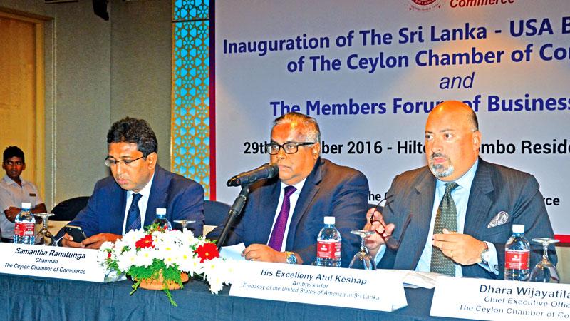 The US and Sri Lanka are set to step up their economic and trade relations further. The two countries launched a Sri Lanka-USA Business Council to promote business and trade opportunities, under the aegis of the Ceylon Chamber of Commerce in Colombo last week. Here US Ambassador Atul Keshap makes a point. Deputy Foreign Affairs Minister Harsha de Silva and Chairman, Ceylon Chamber of Commerce look on.  Picture by Vipula Amarasinghe     