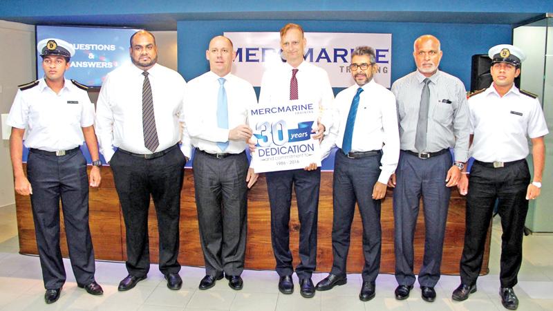 From left: Cadet Randika Jayasekara, Head of Business Development, Mercmarine Training, Lalindra Fernando, Director, Training, Mercmarine Training, Michael McEvoy, CEO, Mercmarine Group, Thomas Kriwat, COO, Mercmarine Group, Captain Rohan Codipilly, Head of Academics, Mercmarine Training, Captain L.K. Jayasuriya, and Cadet Chamod Rajaguru at the launch of the scholarship program.     