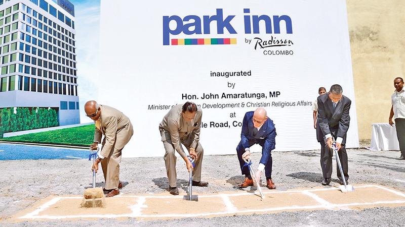 The ceremonial ground-breaking for Park Inn by Radisson by the Minister of Tourism Development and Christian Religious Affairs John Amaratunga, President, Asia Pacific of the Carlson Rezidor Hotel Group, Thorsten Kirschke, Chairman Anil Amarasuriya and Managing Director of Sofia Hospitality (Pvt) Ltd., S.R. Gnanam.     