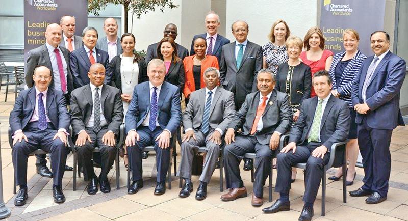 CA Sri Lanka President Lasantha Wickremasinghe flanked by officials of Chartered Accountants Worldwide and representatives of Chartered Accountants Worldwide member bodies.     