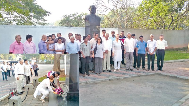 N. U. Jayawardene’s daughter, Neiliya Perera pays her respects at his memorial, opposite his former residence at Cambridge Place, Colombo.