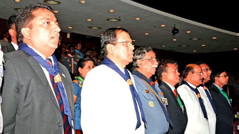 President Maithripala Sirisena with Chief Scouts  Commissioner Dr. Nimal de Silva and Education Minister Akila Viraj Kariyawasam.Pic: Sudath Malaweera