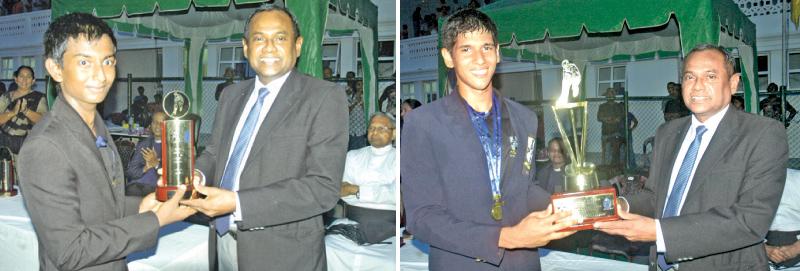 Thomian skipper T. N. Dela receives the Ranil Abeynaike memorial challenge trophy from chief guest Sarada de Silva; (on left) the Best Player of the match U. Gunawardene receives his trophy. (Pix by Herbert Perera)