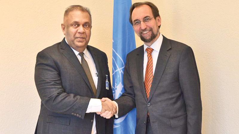 Foreign Affairs Minister, Mangala Samaraweera greets United Nations High  Commissioner for Human Rights, Prince Zeid Ra’ad al-Hussein in Geneva on the sidelines of the 34th Session of the UNHRC early this month.   