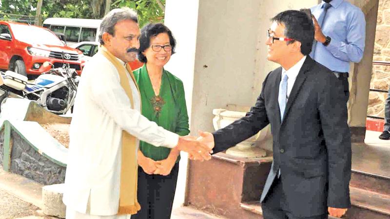 On his arrival Southern Province Governor, Dr. Hema Kumara Nanayakkara, is received by Ms. Sri Widowathi, Country Director, Sri Lanka Mission of Asian Development Bank in association with Juliano Fernando Senior Finance and Administration Officer of ADB Sri Lanka Mission. Pic: Mahinda P.Liyanage – Galle Central Spl Cor. 