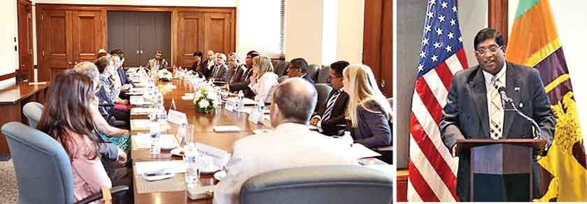 Minister of Finance Ravi Karunanayake speaking at the U.S. Chamber of Commerce at a breakfast roundtable meeting