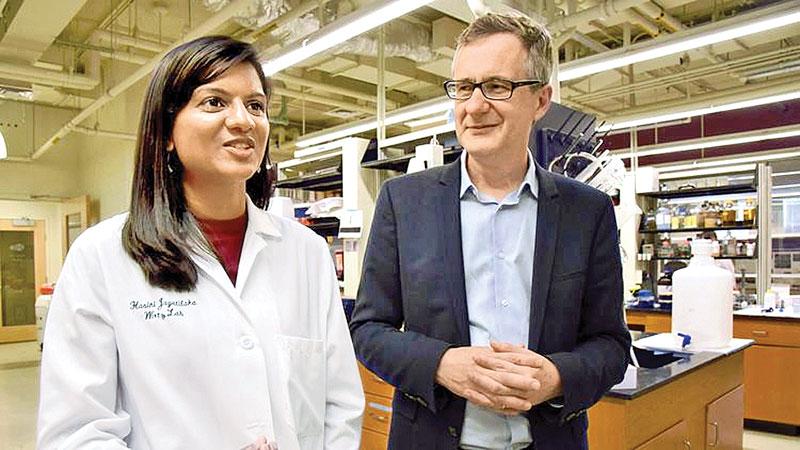 (Amy Davis / Baltimore Sun)   Hasini Jayatilaka, left, a post-doctoral fellow and Denis Wirtz, professor of chemical and biomedical engineering, who work together at the Institute of NanoBioTechnology at Johns Hopkins University, discuss their discovery that a biochemical signaling process that causes the spread of cancer cells can be slowed down with the use of two existing drugs. 
