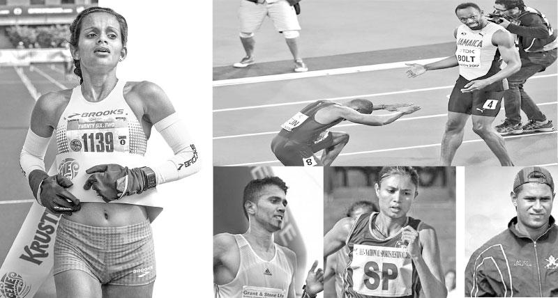 Hiruni Wijayaratne-Anuradha Indrajith Cooray-Nimali Liyanarachchi-Waruna Lakshan Dayaratne-USA's Justin Galin salutes Jamaican Usain Bolt after he ended the dominance of undisputed sprint king 
