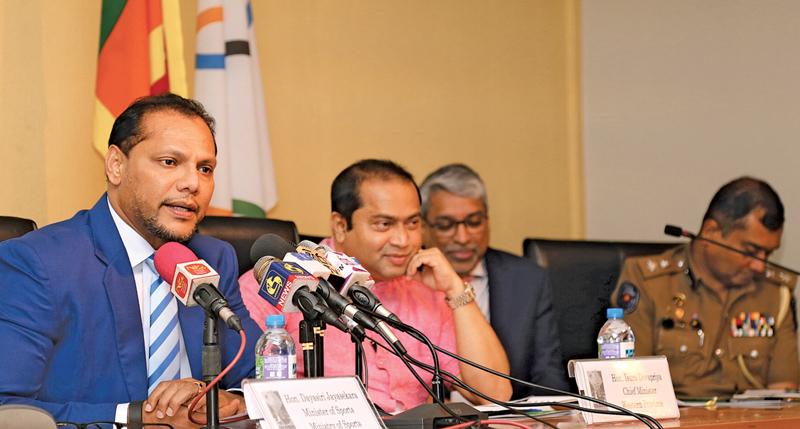 Minister of Sports Dayasiri Jayasekera addressing Mediamen. Also in the picture are from left Western Province Chief Minister, Isusuru Devapriya, CEO Sri Lankan Airlines, Suren Ratwatte. Picture by Rukmal Gamage    