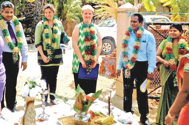 Head of Cooperation, European Union Delegation to Sri Lanka and the Maldives Libuse Soukupova arrives at the inauguration of the Palmyrah Pulp and Root Processing Centre and Palmyrah Fibre Production Centre along with representatives from the UNDP and the FAO   