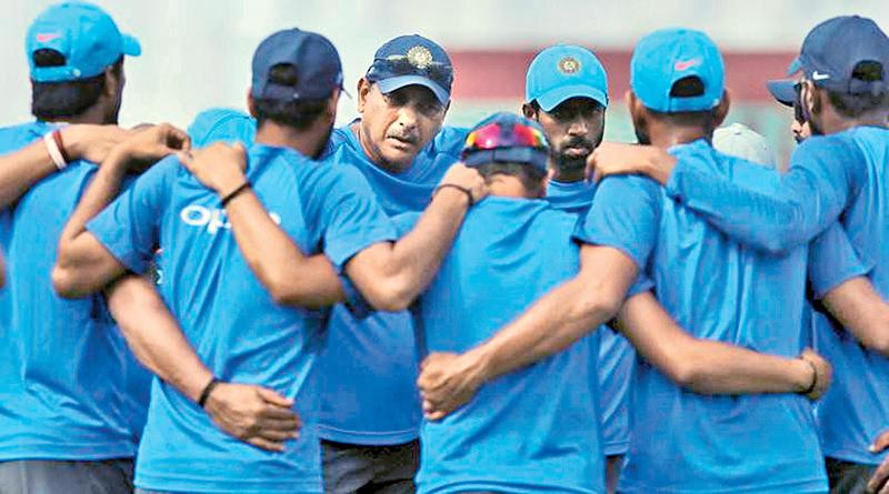 Galle :  Indian cricket team coach Ravi Shastri, center facing camera, speaks to players before the beginning of the fourth day of the first test cricket match between India and Sri Lanka in Galle, Sri Lanka, Saturday, July 29, 2017. 