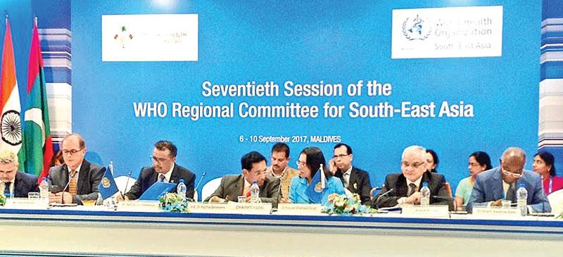 Health Minister Dr. Rajitha Senaratne in conversation with WHO Regional Director for South-East Asia Dr. Poonam Khetrapal Singh during the session.