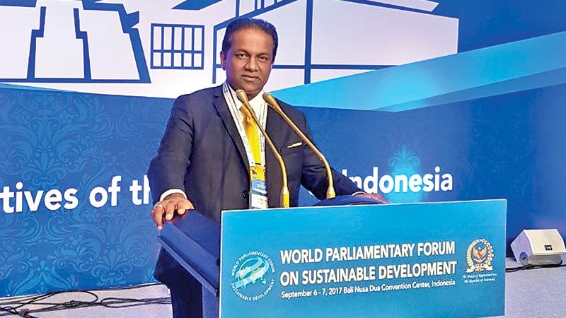 Deputy Speaker Thilanga Sumathipala addressing the World Parliamentary Forum on ‘Sustainable Development, Achieving the 2030 Agenda through inclusive Development’ in  Indonesia recently