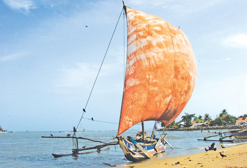 An outrigger canoe known as oruwa anchors in the Negombo lagoon.