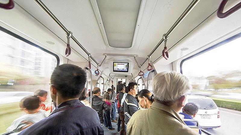 The train, which could carry 300 people, identifies the pavement and has various sensors to collect travel information   