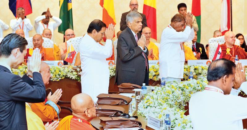 President Maithripala Sirisena and Prime Minister Ranil Wickremesinghe  at the Buddhist Summit                                                                                                 Pic: Saman Sri Wedage