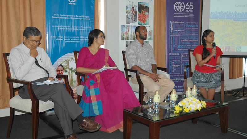 The panel (from left) University of Colombo Department of Sociology Professor Siri Hettige, Institute of Policy Studies (IPS) Researcher Dr. Bilesha Weeraratne, farmer from Morawaka, Mithra Kulatunga and the moderator WFP Anusara Singhkumarwong