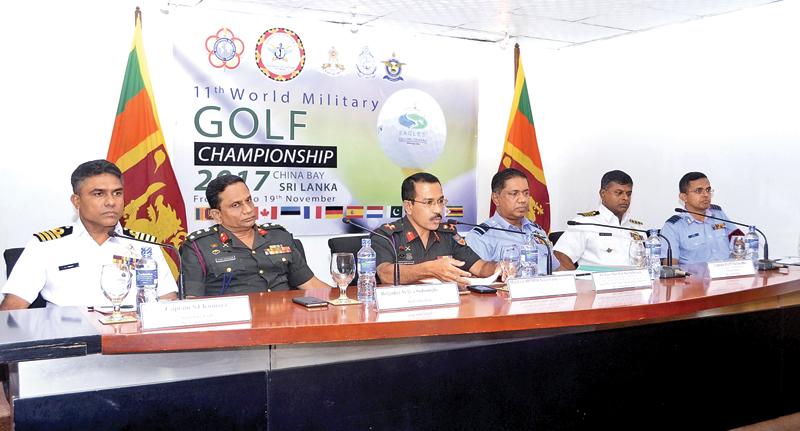 Defense Services Media Spokesman Major General A.W.M.P. Roshan Seneviratne (third from left) addressing the Media regarding the World Military Golf Championship to be held in Sri Lanka. Also in the picture from left are Secretary SL Navy Golf Committee Capt. S. J. Kumara, Director Sports SLA Brig. W.A.V.A. Sudasinghe,  Vice Chairman Organizing Committee Air Vice Marshal S.K. Pathirana, Director SL Navy Capt. R.A.P.P. Ratnayake and Secretary Air Force Sports Com. and Sec. Organizing Committee Group Captain P