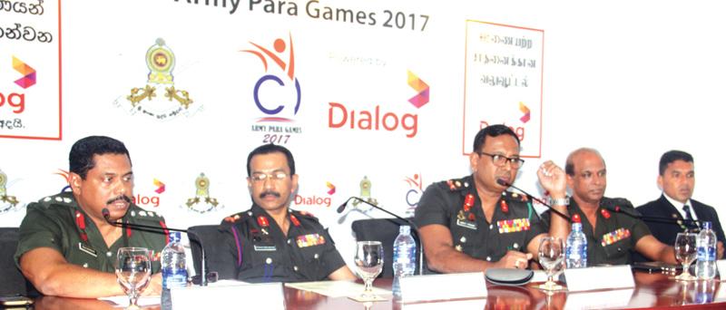 Chairman of the Army Para Games Committee Major General W.B.D.P. Fernando  (third from left) addressing the Media Also in the picture are from left  Secretary Army Para Game Com. Col. M.A.R. Gunesekera, Director/Media  Spokesman Ministry of Defense Roshan Seneviratne,Vice Chairman Army Para  Games Com. H.R. Wickramasinghe and Paralympic 2016 Bronze medalist seargent  H.M.D.P. Herath.  Picture by Chaminda Niroshan    