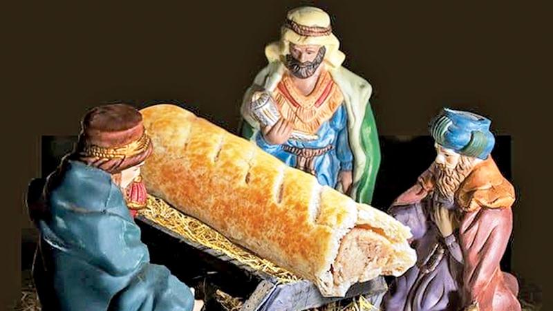 Gold, frankincense and … pastry: the three wise men visit Greggs’ representation of the baby Jesus Pic: Taylor Herring/Greggs/PA