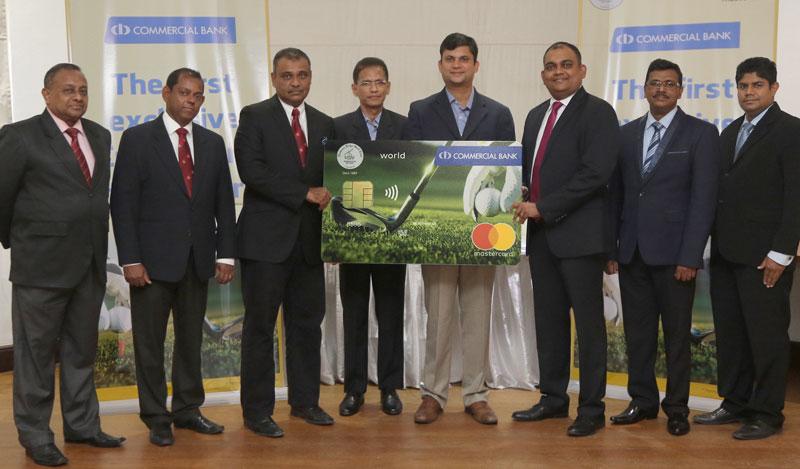 Commercial Bank DGM Marketing Hasrath Munasinghe, Mastercard Country Manager Sri Lanka and the Maldives, Santhosh Kumar, and CH17 CEO Jumar Preena (3rd, 4th and 5th from right) and Captain of the Nuwara Eliya Golf Club Firaz Hameed (3rd from left) at the launch of the co-branded credit card with representatives of the Bank and the Nuwara Eliya Golf Club.     