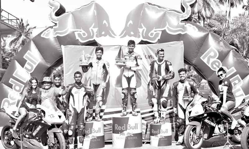 Juvenile riders Gunewardena brothers Jaden and Aaron aged 14 and 15 who created the major upset on the Mirigama Circuit out riding top notch champion riders on their 600cc bikes in the Open Motorcycles event up to 1000cc class on the podium with second runner up Maduranga Caldera and other competitors  who raced with these two youngsters.