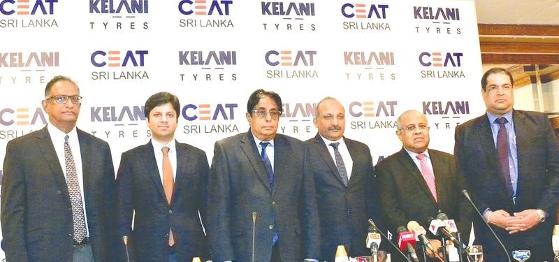 (From left) Rohan Fernando - Executive Director CEAT Kelani Holdings, Anant Goenka - MD CEAT Limited, India, Chanaka De Silva - Chairman CEAT Kelani Holdings, Vijay Gambhire - MD/CEO CEAT Kelani Holdings, Tilak de Zoysa - Vice Chairman, CEAT  Kelani Holdings and Ravi Dadlani – Vice President Sales, Marketing & Exports CEAT Kelani Holdings at the press conference. (Pic: Vipula Amarasinghe)