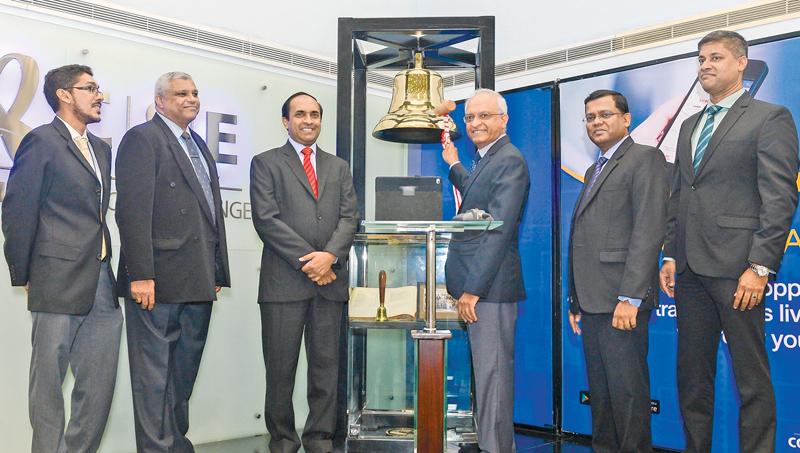 At the Ringing of the Opening Bell ceremony. From left: Shehan Cooray, Deva Ellepola,  Rajeeva  Bandaranaike,Sumith Arangala, K. Maheshwaran and Dilshan  Wirasekara  