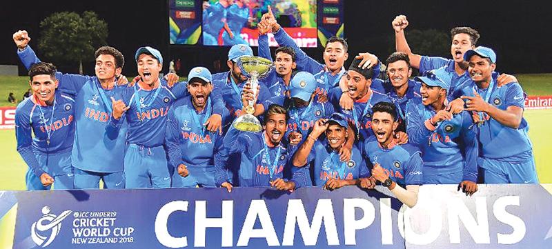 Under 19 Cricket World Cup champions India celebrate their win over  Australia in the final on Saturday.    
