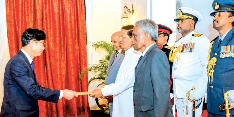 Korean Ambassador presenting his credentials to President Maithripala Sirisena at President’s House, Colombo  