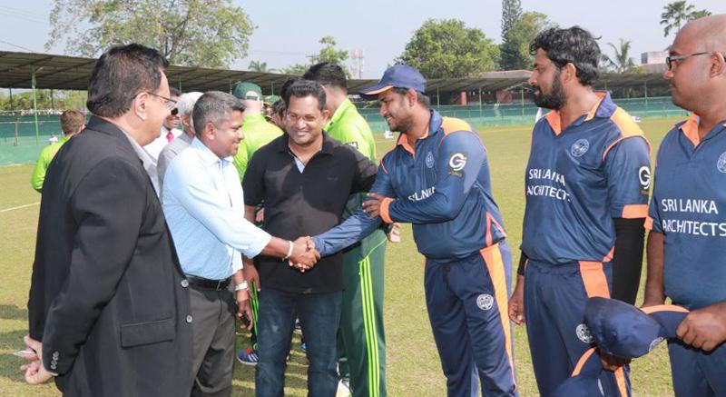 Rangana Herath (Sri Lankan left-arm spinner) being introduced to the teams by Arct. D.H. Wijewardene and Arct. Damith Premathilake – Chairman of SLIA Sports Committee    