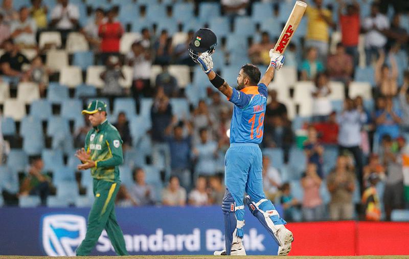 Indian captain Virat Kohli celebrates his century in the sixth ODI against South Africa played at the Centurion on Friday. – AFP    