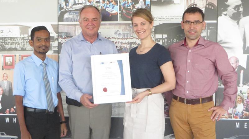 DATS Technical Competency Development General Manager Jobst Ferber (second from left) receives the certificate from German Chamber of Commerce Vocational Education and Training (VET) Head Judith Evers. German Chamber of Commerce Vocational Education and Training Consultant Holger Klitschke and DATS Assistant Training Manager, Vimukthi Randeny are also in the picture.   