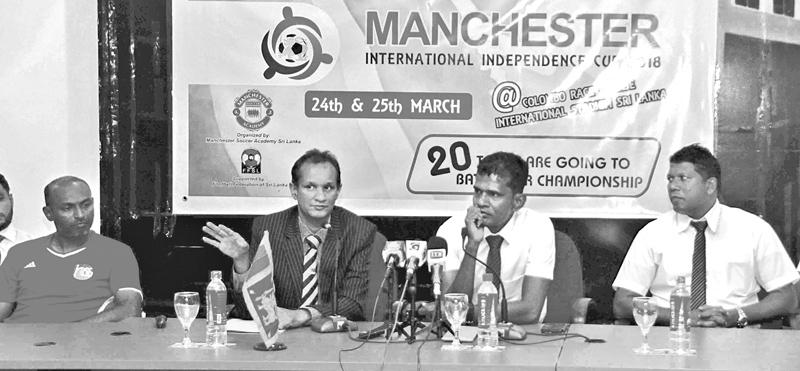   Muheed Jeeran, Director of International Affairs and Advisor to Manchester  Soccer Academy (second from left) briefing the media. Also in the picture  are from left Ahamed Nimal, Technical Director of Hulumale Sports School Maldives, Augustine George, Founder President Manchester Soccer Academy and Anton Wambeck, Head Coach of MSA and former national player.