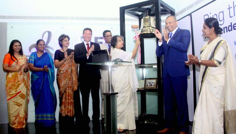 Prof. Maithree Wickremasinghe takes part in the bell ringing ceremony. Dilhan Fernando - Chairman-designate of the United Nations Global Compact in Sri Lanka, Bryce Hutchesson - Australian High Commissioner in Sri Lanka, Amena Arif - IFC Country Manager for Sri Lanka and the Maldives, CSE Chairman Ray Abeywardane and other distinguished members were also present at the event. Pic: Chaminda Niroshana