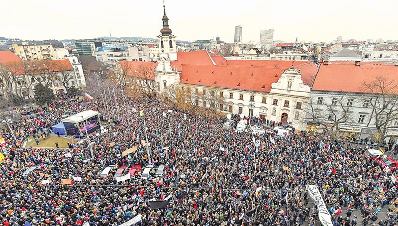 Slovak National Uprising Square on Friday. Police say Jan Kuciak’s death was ‘most likely’ connected to his work.  Pic: Joe Klamar/AFP/Getty Images