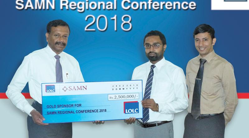 LOLC Group Managing Director/CEO, Kapila Jayawardena presents the cheque for the gold sponsorship to President, Lanka Microfinance Practitioners Association, Imran Nafeer and Manager, Lanka Microfinance Practitioners Association, Yasitha Munasinghe.     