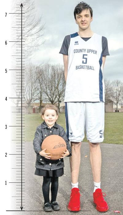 Brandon - believed to be the tallest teen in the world - with his four-year-old niece Isobelle Griffin