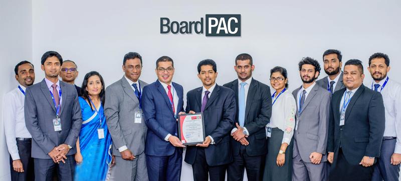 Chief Operating Officer of BoardPAC, Rajitha Kuruppumulle (6th from left), with General Manager Shan Nanayakkara and Manager, Sales and Marketing  of Bureau Veritas Gayan Balachandra and representatives of the BoardPAC ISO Committee at the presentation of the 1SO/IEC 27001:2013 information  security certification.  