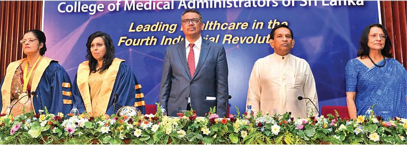 WHO Director General Dr. Tedros Adhanom Ghebreyesus with Minister Rajitha Senaratne and Dr. Sujatha Senaratne