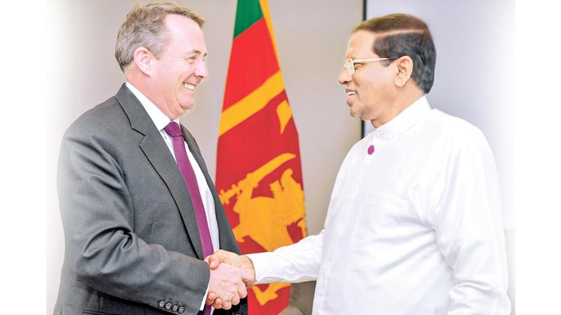 President Maithripala Sirisena with Britain’s Secretary of State for International Trade, Liam Fox in London.