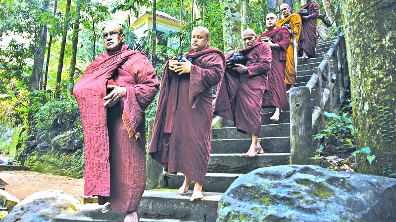 AGE-OLD RITUALS: Bhikkus walk on pindapatha under the forest canopy for the mid-day meal to the alms hall in Madakada Aranya