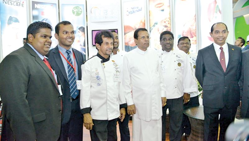 President Maithripala Sirisena as the Chief Guest of Culinary Art Food Expo 2017 along with Chef Gerard Mendis (Chairman – Chefs’ Guild of Lanka)- 3rd from Left and Chef Madhawa Weerabaddhana ( Event Director) - 5th from Left