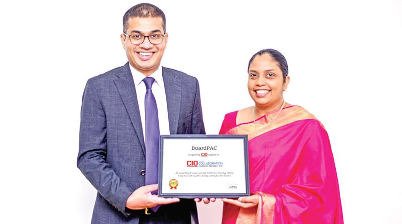 BoardPAC Director/CEO Lakmini Wijesundera and the company’s Chief  Operating Officer Rajitha Kuruppumulle with the CIO Applications 2018 ranking certificate. 